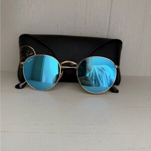 Ray-Ban Gold Frame Sunglasses with Reflective Blue Lenses